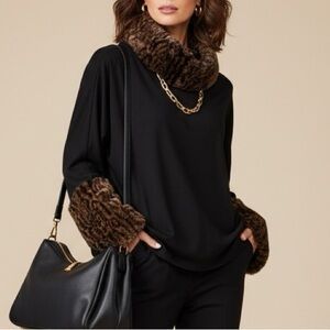 SAKS FIFTH AVENUE Black Cowl Neck Faux Fur Leopard Bengal Trim Sweater Mob Wife